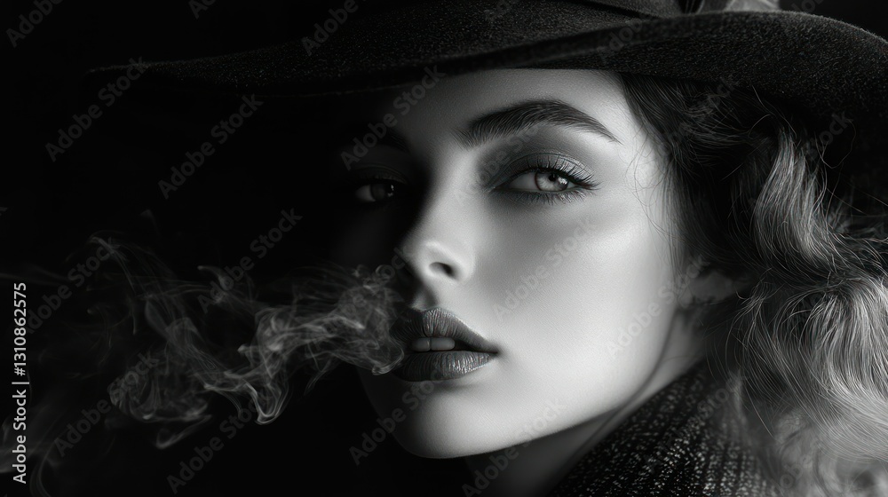 monochrome portrait of a mysterious woman with a fedora and a veil of exhaled smoke creating an enigmatic and intense atmosphere monochrome portrait of a mysterious woman with a fedora and a veil of exhaled smoke creating an enigmatic and intense atmosphere