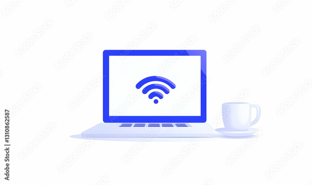 Modern Laptop Displaying WiFi Signal with Coffee Mug on Table Modern Laptop Displaying WiFi Signal with Coffee Mug on Table