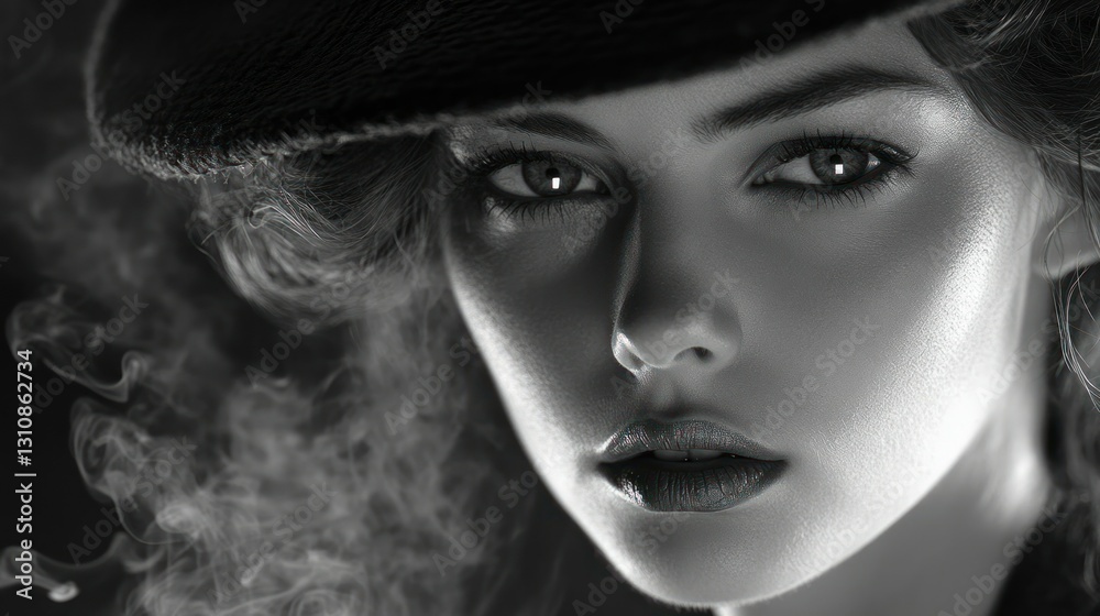 monochromatic portrait showcasing a woman's alluring gaze framed by soft smoke and vintage hat reflecting timeless beauty and mysterious charm monochromatic portrait showcasing a woman's alluring gaze framed by soft smoke and vintage hat reflecting timeless beauty and mysterious charm
