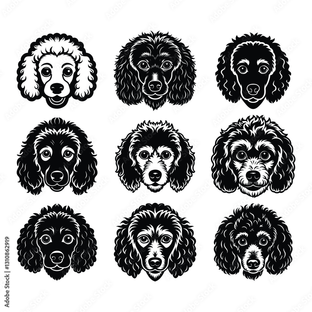Obraz premium Nine different poodle dog head designs with detailed curly fur patterns silhouette isolated on white background