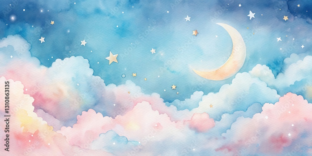 Fototapeta premium Pastel Dreamscape A Watercolor Night Sky with Crescent Moon and Soft Clouds