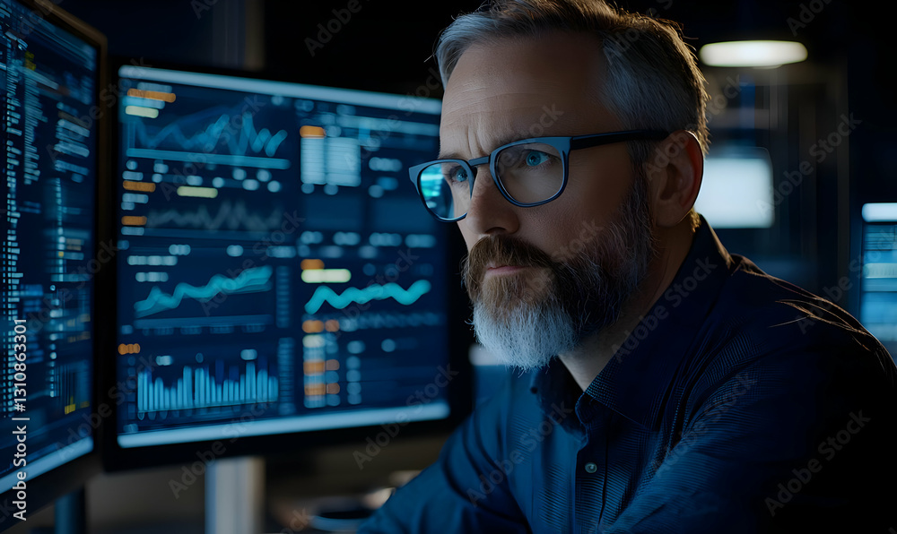 Professional Analyst Concentrating on Data in Dark Modern Office