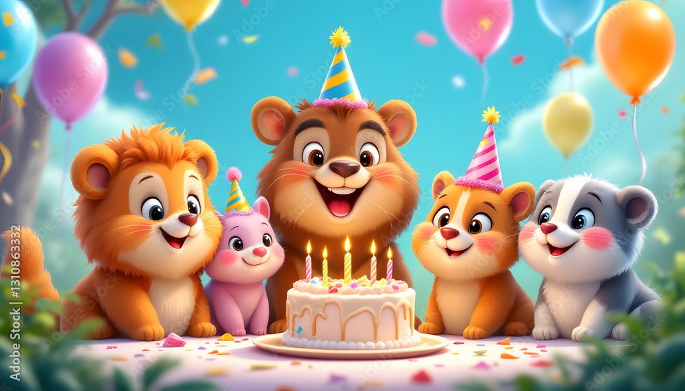 Fototapeta premium Adorable Animal Friends Celebrate Birthday. Four cartoon animals, a lion, bear, and two other small furry creatures, wear party hats and gather around a birthday cake