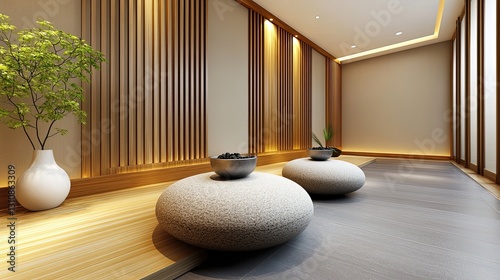 Modern Minimalist Interior with Stone Seating and Relaxing Atmosphere