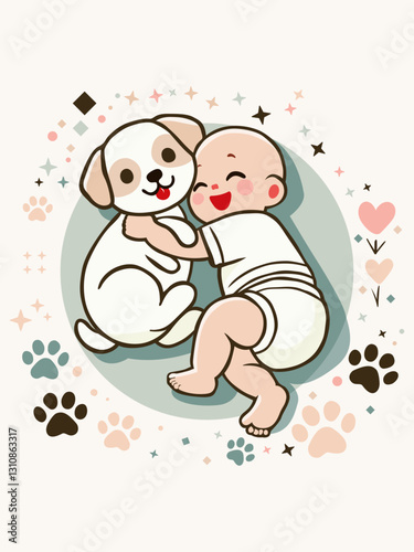 Baby playing with dog cute with funny.Child embraces pet with love and snugness family .Design flat style vector Soft Color.hearts,dog footprints,stars,flowers,leaves on white background illustration.