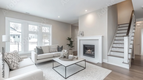 Wallpaper Mural Modern living room with fireplace, stairs, and winter view Torontodigital.ca