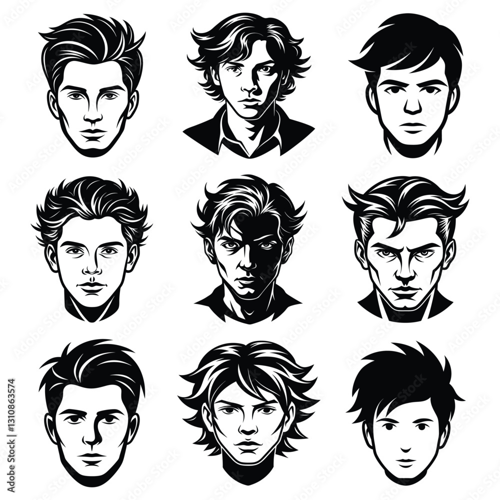 Set of heroic male faces silhouette isolated on white background Set of heroic male faces silhouette isolated on white background