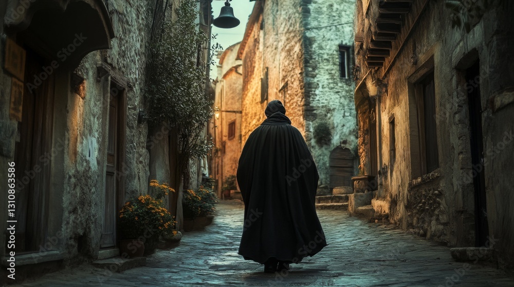 Naklejka premium Mysterious Figure in an Ancient European Alley