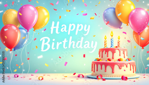 Happy Birthday Celebration with Balloons, Cake, and Confetti. A vibrant and cheerful image of a birthday celebration