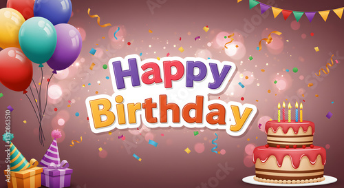 Festive Happy Birthday Illustration with Balloons, Cake, and Confetti. A vibrant and cheerful illustration perfect for birthday celebrations