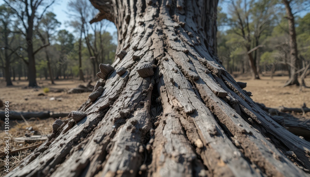 Close up view of decaying tree trunk in a forest showing detailed texture of wood and bark Close up view of decaying tree trunk in a forest showing detailed texture of wood and bark