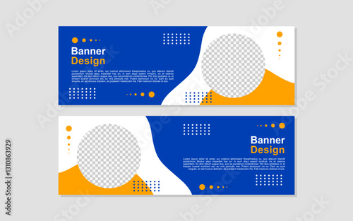 Contains two blue and orange banner designs with placeholder text.