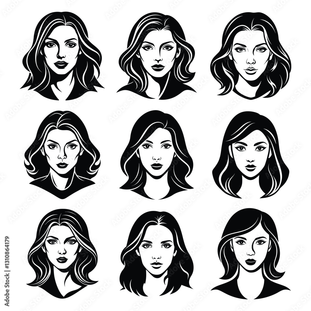 Stylish woman face designs silhouette isolated on white background Stylish woman face designs silhouette isolated on white background