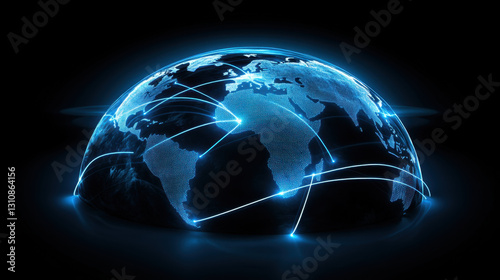 blue tech world globe with glowing lines connecting continents, symbolizing global connectivity and digital networks