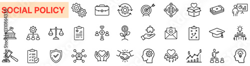 Social Policy & Governance Line Icon Bundle – Public Policy, Law, Justice & Community Welfare Icons