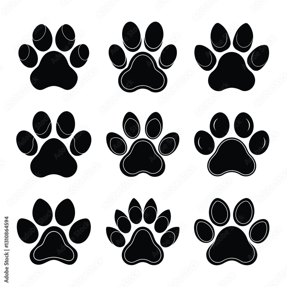 Various pet paw print illustrations silhouette isolated on white background Various pet paw print illustrations silhouette isolated on white background