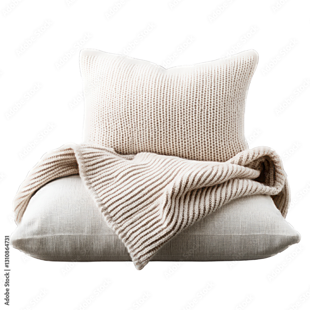 Fototapeta premium Cozy knit pillow and blanket for a warm, inviting atmosphere.