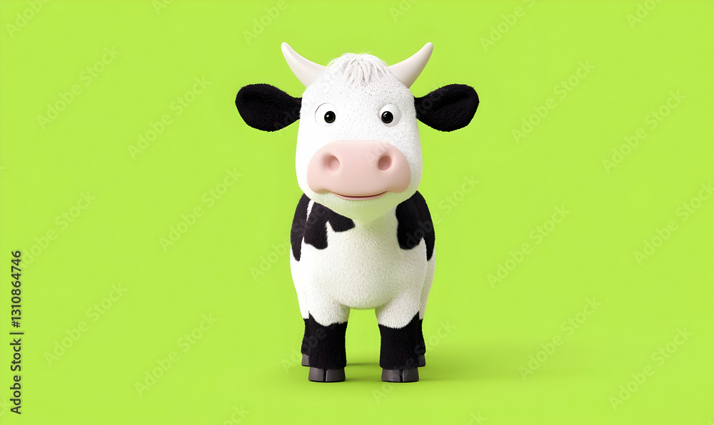 Fototapeta premium Cute Cartoon Cow Character with Friendly Expression on Green Background