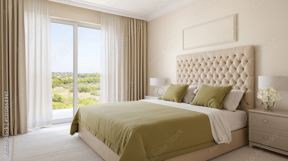Fototapeta premium Modern Bedroom Interior with Beige Tones and Scenic View