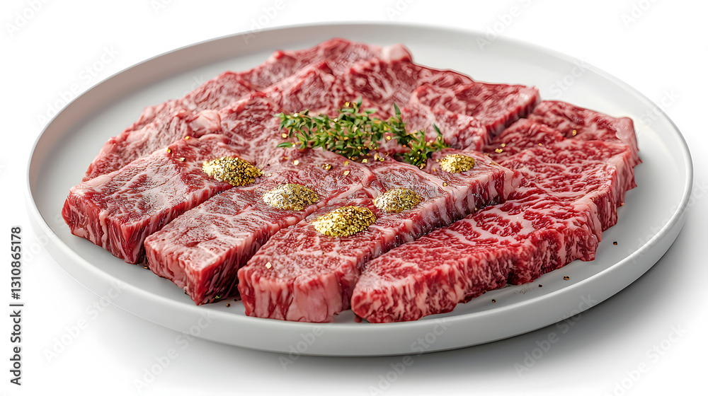 Elegant Serving of Thinly Sliced Wagyu A5 Steak with Garnishes on a White Plate Elegant Serving of Thinly Sliced Wagyu A5 Steak with Garnishes on a White Plate