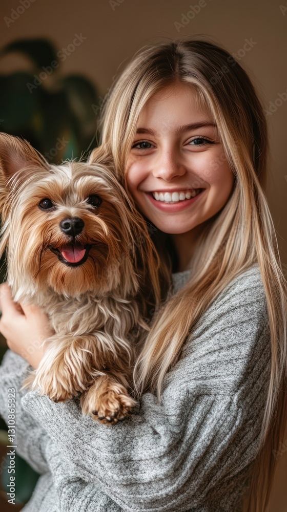 A smiling young woman gently holds a small fluffy dog A smiling young woman gently holds a small fluffy dog
