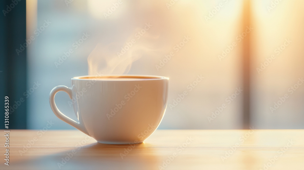 cup of steaming coffee on wooden table, with warm sunlight illuminating scene, creating cozy atmosphere cup of steaming coffee on wooden table, with warm sunlight illuminating scene, creating cozy atmosphere