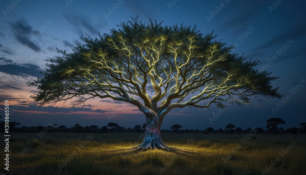 Fototapeta premium Majestic Illuminated Tree at Dusk in a Serene Meadow Landscape