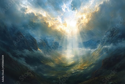 ethereal rays of brilliant white and gold light breaking through parting storm clouds, illuminating a mountain valley below with divine radiance, creating an atmosphere of spiritual awakening