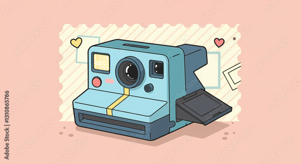 Obraz premium Adorable Vintage Instant Camera with Hearts and Pastel Background Design