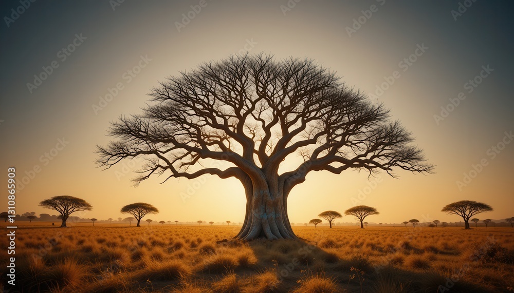 Fototapeta premium Majestic African Savanna Tree at Sunset Golden Hour Landscape