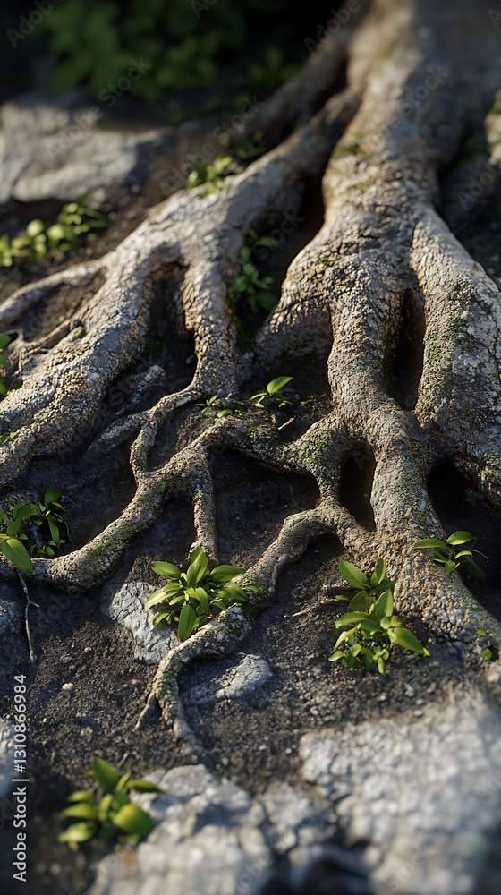 A close-up of tree roots intertwined with small green plants on rocky soil.