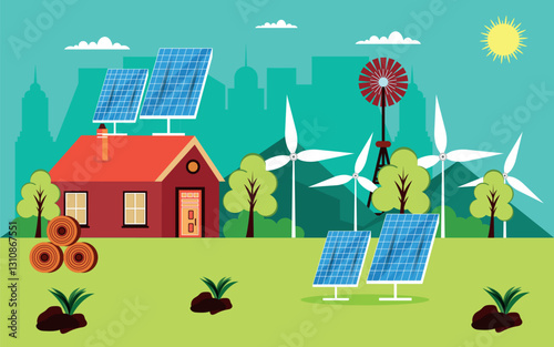 Green renewable energy house concept. Solar panel and wind turbines.