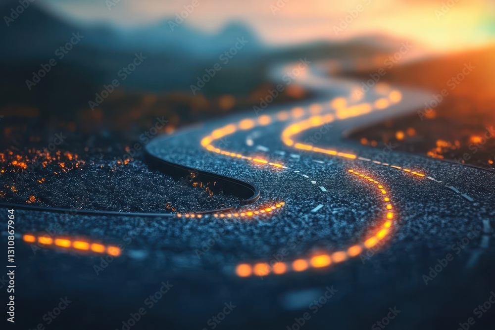 Winding road at sunset, glowing lines. Ideal for travel, journey, and success concepts. Winding road at sunset, glowing lines. Ideal for travel, journey, and success concepts.