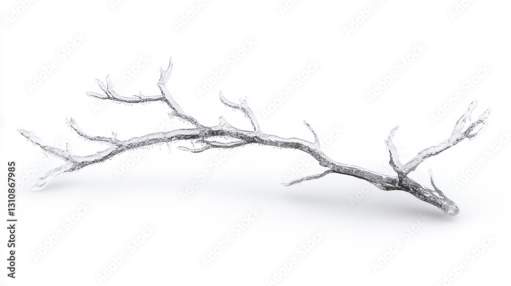 Obraz premium Minimalist composition of a single frozen tree branch, suspended in an endless expanse of white