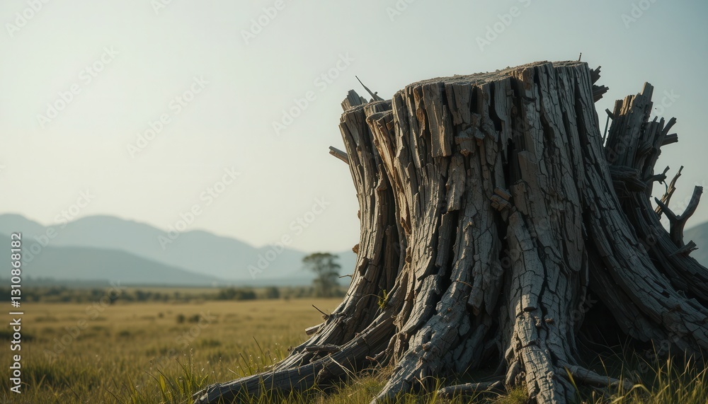 Weathered Tree Stump in Serene Grassland Landscape at Dawn Majestic Mountains in Background Weathered Tree Stump in Serene Grassland Landscape at Dawn Majestic Mountains in Background