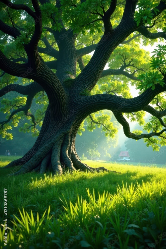 Fototapeta premium Ancient oak, sprawling branches cast shadows on tall grass, botany, solitary tree, environment