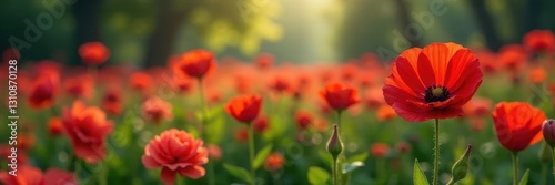 Crimson bloom amidst countless others, vibrant field , field, sunlight, texture