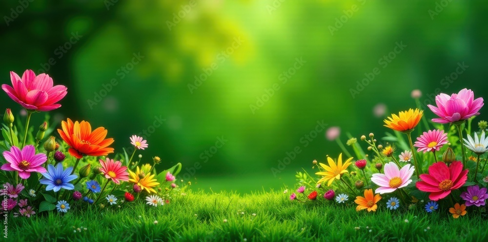Fototapeta premium Deep green grass, colorful flower garden border, idyllic, organic, petals