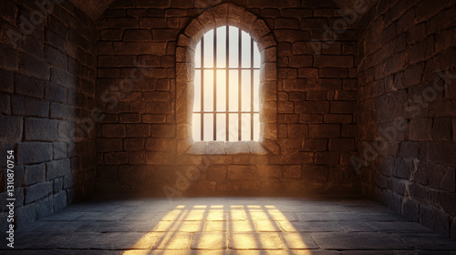 stone room with single barred window, sunlight streaming through, creating shadows on floor. atmosphere feels both somber and serene