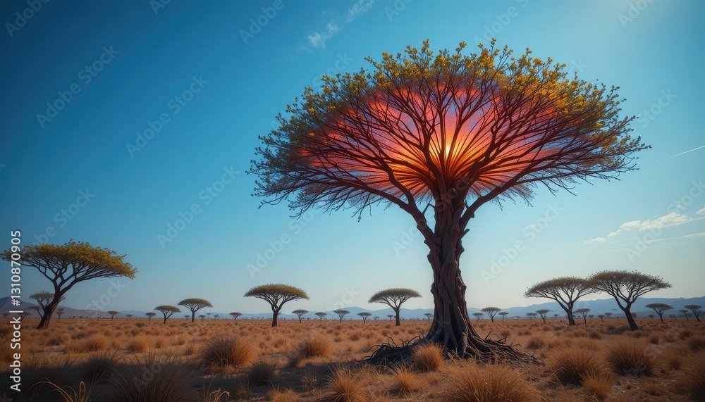 Obraz premium Magical Sunset Glowing Tree in African Savanna Landscape Peaceful Nature Scene