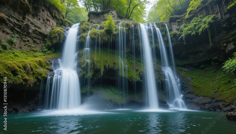 Serene Waterfall Cascading Down Mossy Cliffs in Lush Green Forest Serene Waterfall Cascading Down Mossy Cliffs in Lush Green Forest
