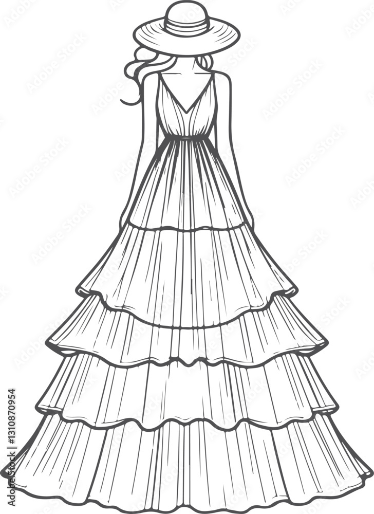 Fototapeta premium line art Tiered Maxi Dress fashion illustration drawing template.