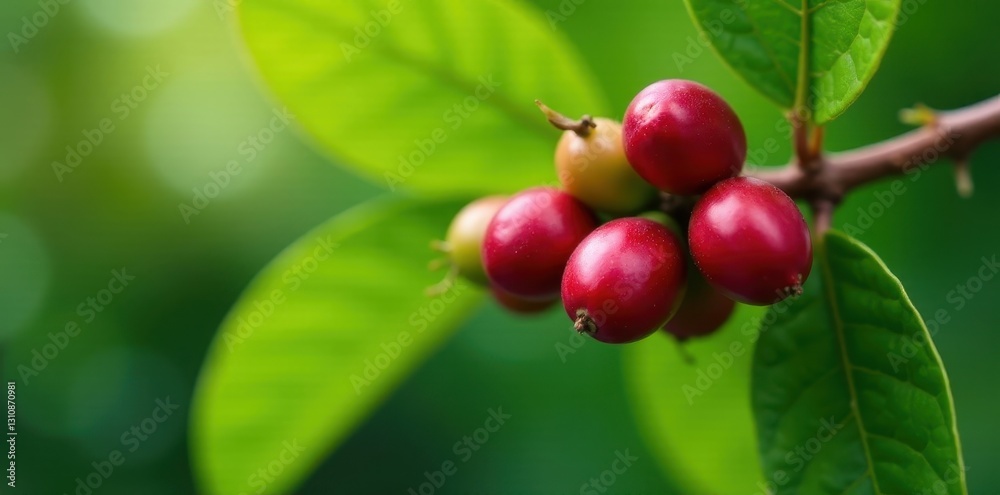 Fresh coffee branch with ripe beans and vibrant green leaves , coffee leaves, detail, close-up Fresh coffee branch with ripe beans and vibrant green leaves , coffee leaves, detail, close-up