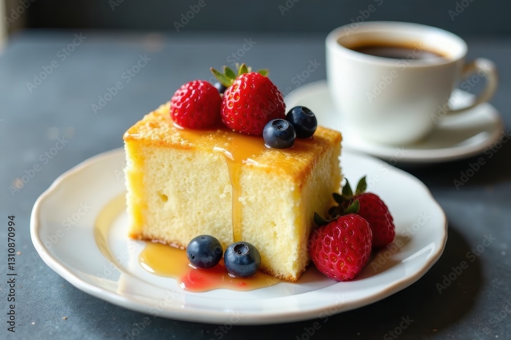 Fluffy vanilla cake with berries, served with a cup of black coffee , sugar, restaurant Fluffy vanilla cake with berries, served with a cup of black coffee , sugar, restaurant