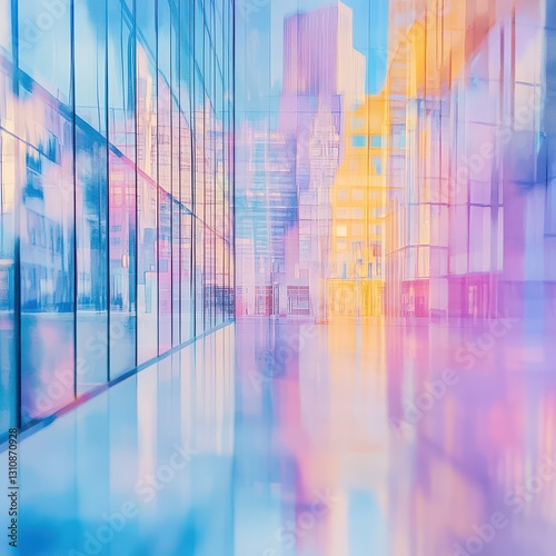 A vibrant city street scene showcases a bustling urban environment, where tall buildings reflect beautifully in a nearby puddle, capturing the essence of city life and architecture.