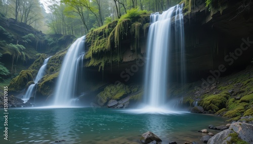 Serene Waterfall Cascading into Emerald Pool Lush Green Forest Tranquil Nature Scene