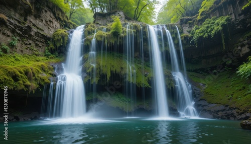 Serene Waterfall Cascading Down Mossy Cliffs in Lush Green Forest