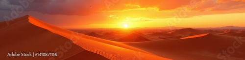 Golden dunes glow, sunset paints sky fiery orange , warm, glow, color