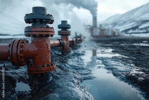 Intimate Shot of Geothermal Energy Plant Infrastructure with Pipes and Steam in the Background