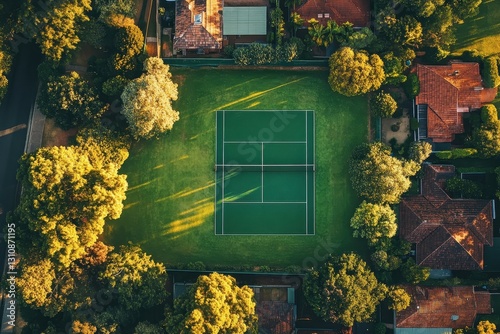 Wallpaper Mural Aerial view of a green tennis court nestled among lush trees and houses. Ideal for real estate, sports, or lifestyle projects needing a tranquil, upscale feel. Torontodigital.ca